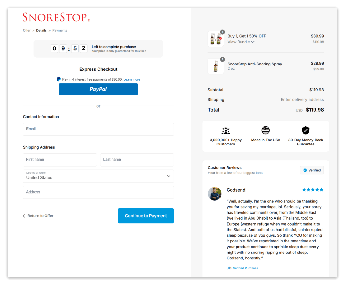 SnoreStop Spray Secure Checkout Page